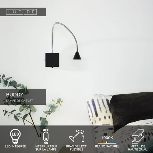 Lucide BUDDY - Lampe de chevet / Applique mural - LED - 1x4W 4000K - Noir - USP